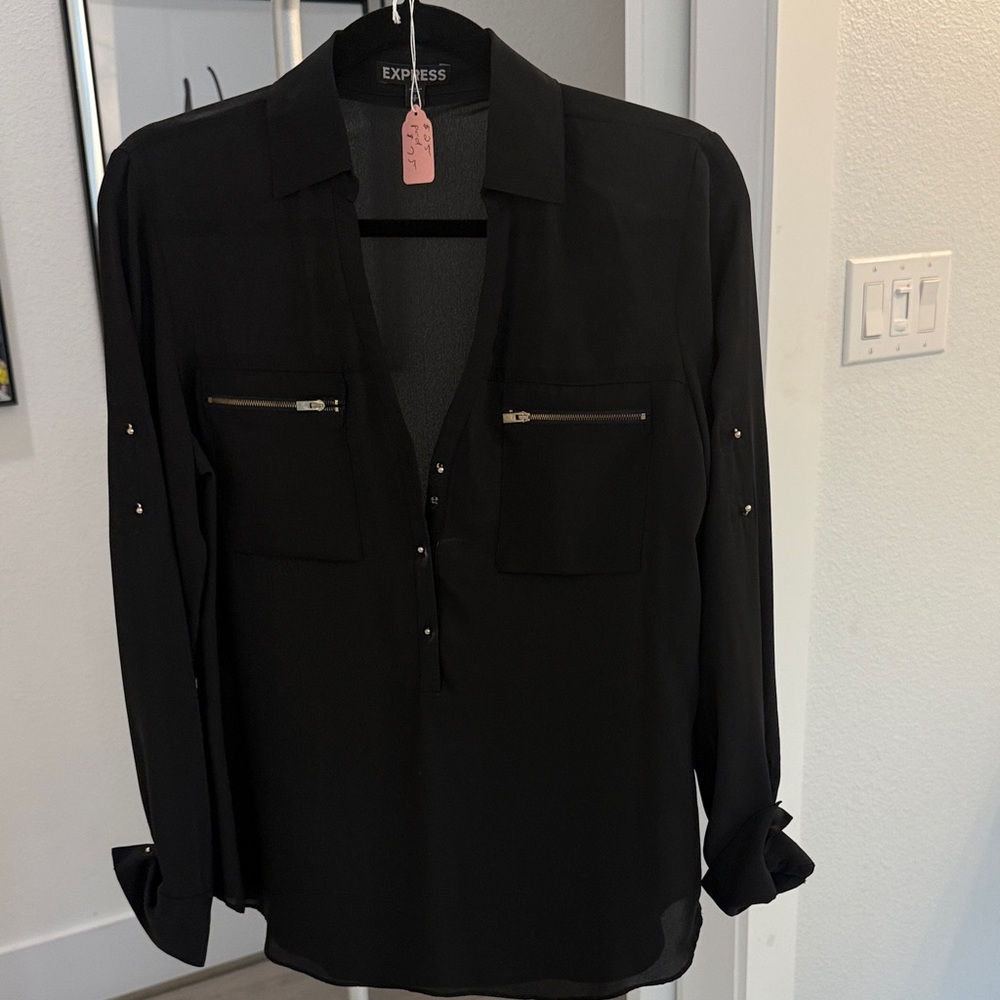 Express Elegant Black Blouse with Zipper and button up gold Details